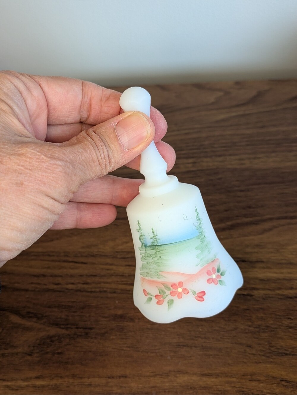 Vintage Fenton Hand Painted Satin Milk Glass Bell Landscape scen, Signed